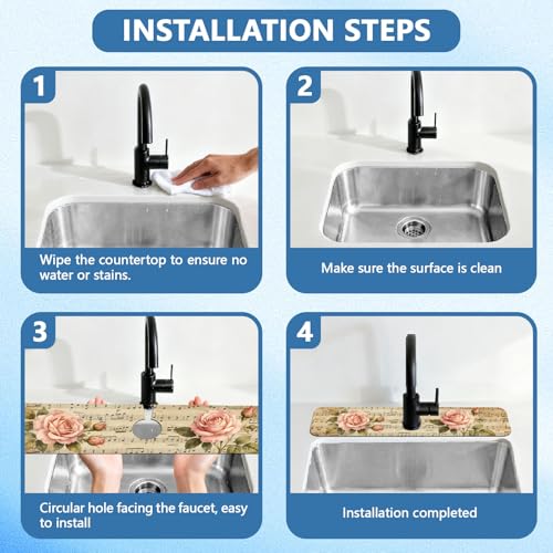2 Pcs Kitchen Sink Splash Guard Faucet Mat Retro Sheet Music Flowers Pattern Faucet Mat for Sinks Flower Absorbing Drying Mats for Kitchen Bathroom - color: Music Flowers Pattern