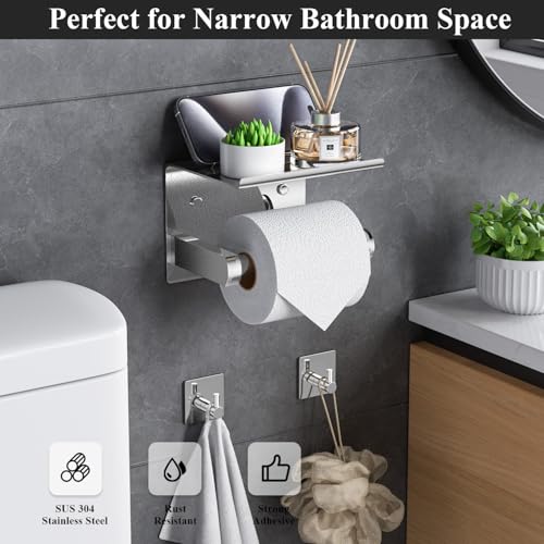 Tindbea Toilet Paper Holder with Phone Shelf + Towel Robe Hooks, Adhesive or Screw Wall Mounted Toilet Paper Roll Storage, Stainless Steel Bathroom Tissue Roll Holder (Polished Chrome) - color: Polished Chrome, size: Regular