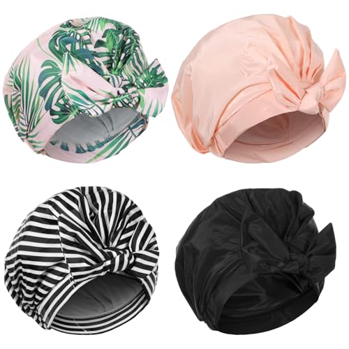 4 Pcs Shower Cap for Women Reusable Waterproof, Adjustable Bowknot Satin Nylon Bath Hair Caps, Elastic Hem Turban for Long Short Curly Hair, Banana Tree Solid Pink Black Stripe