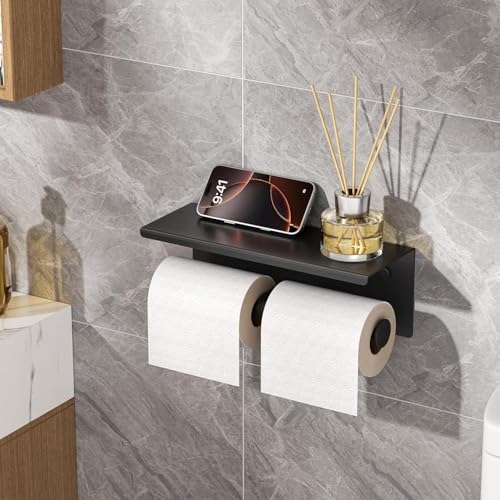 FORIOUS Double Toilet Paper Holder with Shelf, Wall Mount Tissue Roll Holder for Bathroom, 304 Stainless Steel Commercial Toilet Tissue Dispensers with Phone Shelf (1, Matte Black) - color: Matte Black