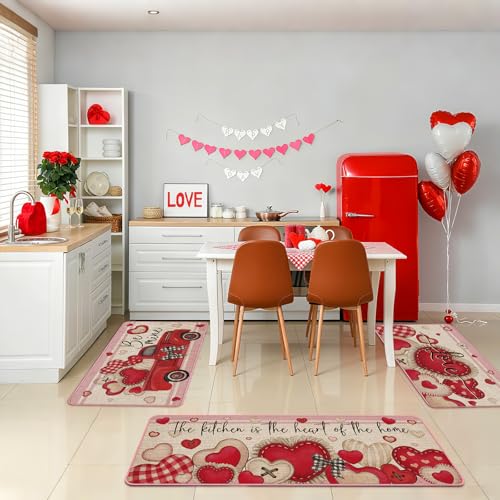 Drydiet 3 Pcs Retro Valentines Kitchen Mat and Rug Non Slip Red Heart Doormat Washable Waterproof Floor Mats Farmhouse Holiday Kitchen Decor for Home Floor Office Bathroom Party Rustic Decor - color: Red, style: Heart