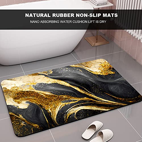 Diatomaceous Earth Bath Mat,Black Grey Gold Marble Texture Non-Slip Volume Super Absorbent Fast Drying for Bathroom Kitchen Door mat,Eco-Friendly Easy to Clean 16×24Inch (40 * 60cm) - color: Black Grey Gold Marble Texture, size: 1'4" x 2'0" (Rectangular)