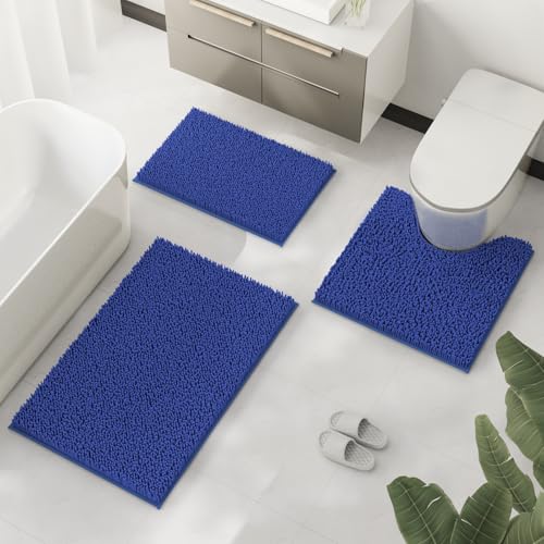 RUN HELIX Royal Blue Chenille Bath Mat Set, 3 Piece, High Pile, Tufted, Machine Made, Non Slip, Absorbent, Fluffy, Washable, Bathroom - color: Blue Royal, size: 16" x 24" + 20" x 32"+ 20" x 20" U shape