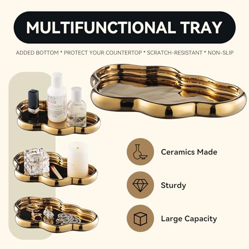 Gold Bathroom Accessory Set, 3-Piece Gold Ceramic Bath Accessories Set with Tray, Lotion Dispenser, and Tumbler for Luxurious Bathroom Decor - color: Gold