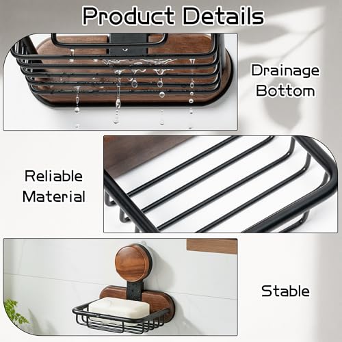 Dish Soap Holder for Shower - Suction Cup Wall Mounted Bar Soap Tray, Carbon Steel Self Draining Sponge Holder, No-Drilled Removable Adhesive Basket Caddy for Bathroom Bathtub Kitchen Sink