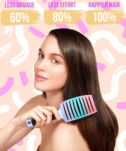 KTKUDY Detangling Brush Boar Bristles Hairbrush Make Hair Shiny & Healthier Curved and Vented Detangler Brush for Women Men Kids Wet & Dry Hair - color: Purple-Green-Pink Gradient