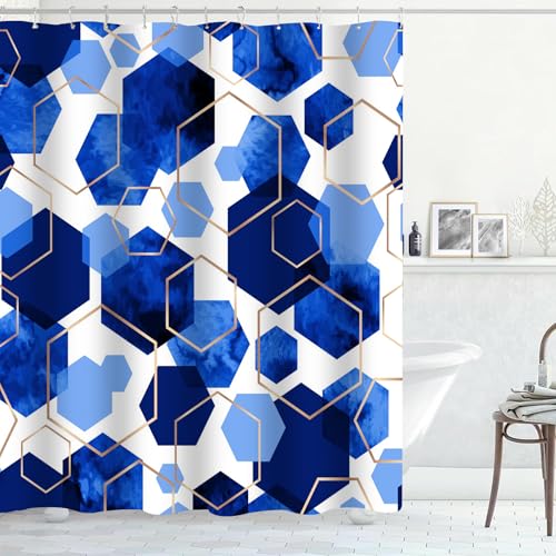 4Pcs Blue White Geometric Shower Curtain Set, Neutral Modern Art Deco Shower Curtain with Hooks, Elegant Trendy Simple Bathroom Sets with Shower Curtain and Rugs, 71 * 71in - color: Blue