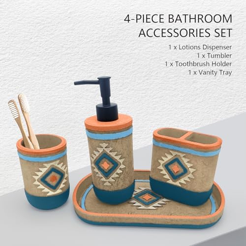Bathroom Accessory Sets 4PCs Complete Tribal Home Decor Southwest Pattern Shape Includes Lotion Dispenser Toothbrush Holder Tumbler Cup & Vanity Tray - color: Multicolor, size: Tray