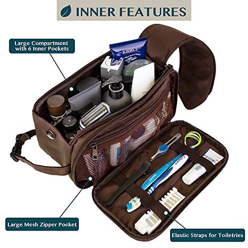 PAVILIA Toiletry Bag for Men, Travel Essentials Shaving Dopp Kit, Mens Travel Bag Toiletries Organizer Case for Grooming, PU Leather Water Resistant Cosmetic Bag Pouch (Dark Brown) - color: Dark Brown, size: Large (10.5x5.5x6)