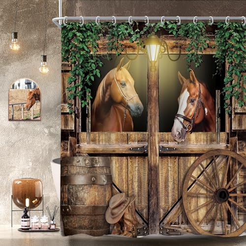 Newsely Western Horse Barn Door Shower Curtain 60Wx72H Inch Farmhouse Cowboy Old Wild West Green Leaves Shower Curtain Bathroom Set Wood Stable Wheels Waterproof Bath Decoration Accessories Home Decor - color: D-01horse, size: 60"W x 72"L (Pack of 1)