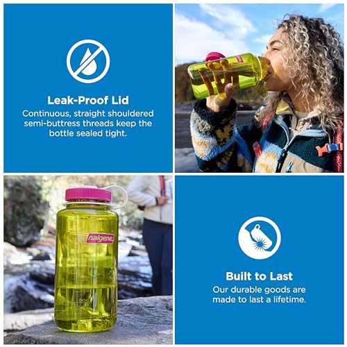 Nalgene 32 oz Wide Mouth Water Bottle | BPA-Free, Durable & Leak Proof, Lightweight Bottle for Hiking & Gym, Work & Travel - color: Endive w/ Fuchsia Purple, size: 32 Ounces