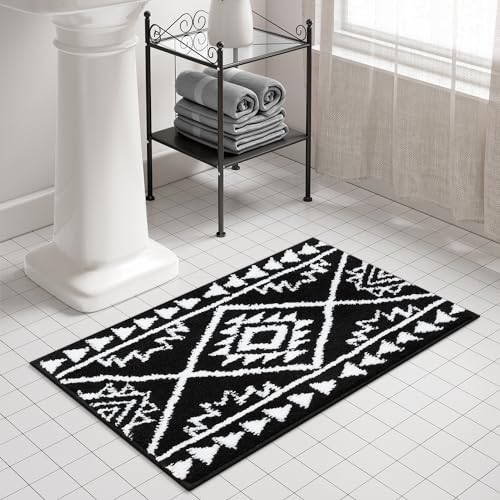 Uphome Black Bathroom Rug Boho Shaggy Soft Bath Rug Western Non-Slip Machine Washable Bathroom Mat Absorbent Geometric Rustic Tribal Shower Rug for Toilet Tub Vanity, 20x32 inch - size: 20x32 inch