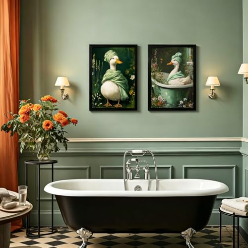 RUMSICH 2pcs Set Of Black Framed Duck Wall Art Canvas Paintings Cute Farmhouse-Style Bathroom Wall Decor Retro Green Spa Animal Artwork Suitable For Bathrooms Bedrooms And Laundry Rooms 12x16 Inch - color: Black-framed Duck, size: 16"L x 12"W