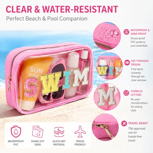 Sunscreen SPF Makeup Bag with SWIM Chenille Letters, Waterproof Clear Pink Cosmetic Bags for Women, Sunblock Organizer for Pool, Swim Team, Beach Travel Toiletry Sun Pouch - style: Pink-swim