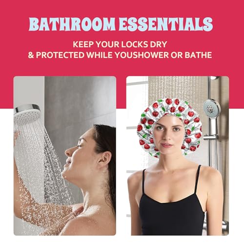 Luxury Shower Cap Satin Lined Reusable Waterproof Double Layer Elastic Adjustable Hair Bath Cap Cute Aesthetic Women Girls-Cherry - color: F4-Cherry