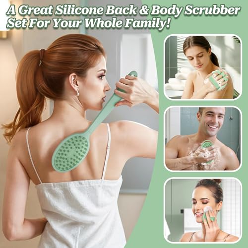 Silicone Back/Body/Face Scrubber & Soft Bath Glove Set 4PCS, Gentle Exfoliating Back & Body Scrubber with Dual-Side Brush Head, Hand-fit Bath Glove & Face Scrubber for Deep Cleaning(Green-4PC) - color: Green*4