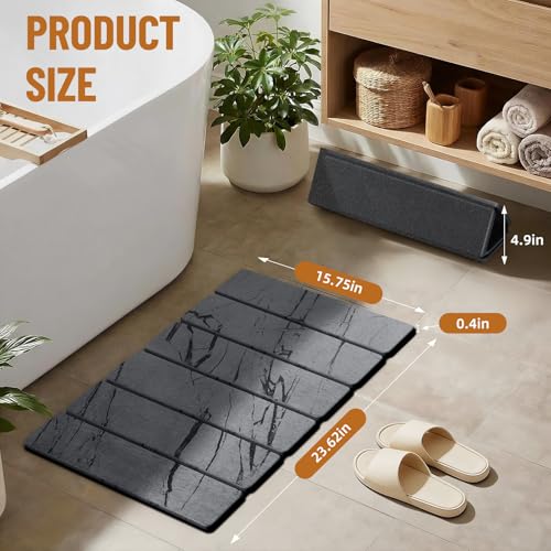 Luxspire Stone Bath Mat Foldable, Quick Drying Diatomaceous Earth Bath Mat for Bathroom, Large Bathroom Rug with Non-Slip Rubber Base, Easy Clean Shower Mat Outside Shower, 24 x 16 Inch, Marble Gray - color: E-marble Gray