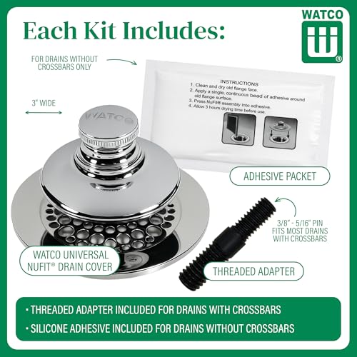 Watco Universal NuFit Push Pull Stopper, Silicone, 3/8 in. to 5/16 in. Combo Pin, Friction Pin, Grid, Universal Bath Tub Drain Stoppers, Easy Install, Hair Catcher, Replacement Tub Drain, Chrome - color: Chrome Plated