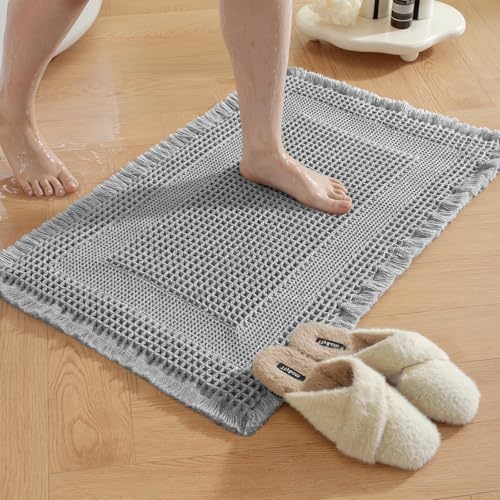 Waffle Bath Mat - Super Water Absorbing Bath Mat Quick Dry, Bathroom Rugs Non Slip Washable with Tassels, Rubber Backed Bathroom Mat for Bathroom Floor, Tub and Shower, 17" x 24", Light Grey - color: Light Grey, size: 17" x 24"