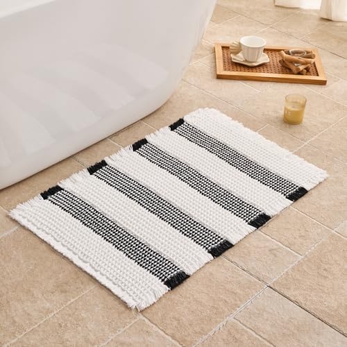 Waffle Bath Mat Non Slip, Boho Bathroom Rug, Super Absorbent Quick Dry Bathroom Mat, Soft Farmhouse Bath Rug with Tassels, Small Washable Shower Mats for Floor 20"x32", White and Black - color: Black and White, size: 1'8" x 2'8" (Rectangular)