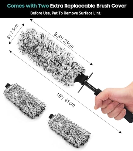 YeewayVeh 3PCS Wheel Cleaning Brush, Microfiber Flat Wheel Rim Cleaner Brush with 2 Extra Replaceable Cover, Car Cleaning Brush Kit for Wheels Tire Fenders Engine Exhaust Tips, Black&White - color: Black/White, size: 3 Pack