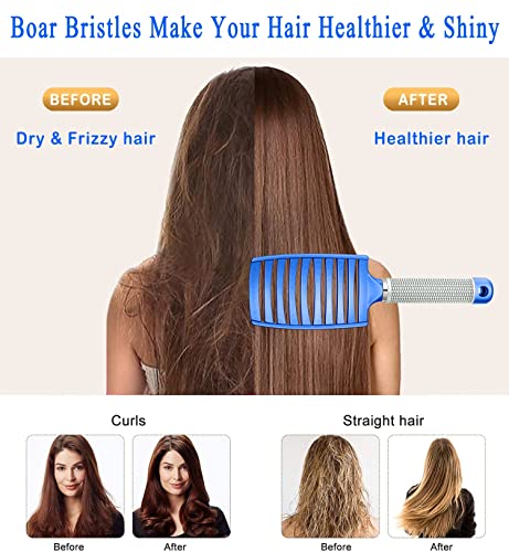KTKUDY Detangling Brush Boar Bristles Hairbrush Make Hair Shiny & Healthier Curved and Vented Detangler Brush for Women Men Kids Wet and Dry Hair (Blue) - color: Blue