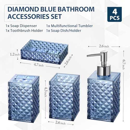 RYTOXILO Bathroom Accessories Set, 4 Pack Blue Acrylic Bath Accessory Sets Complete, Diamond Soap Dispenser and Toothbrush Holder Bathroom Counter Sink Set, Boho Modern Bathroom Decor - color: Blue