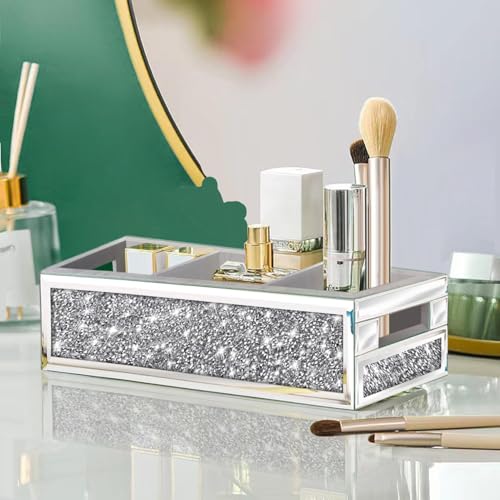 Wocred Bathroom Basket Toilet Tank Upgrade,Crushed Diamond Mirrored Bathroom Tray Wall-Mounted,3 Layer partition Storage Organizer fits Dresser Bedroom,Bathroom,Coffee Table.(15”x6”x3.8”) - color: Silver - 6 Inch (3 Compartment)