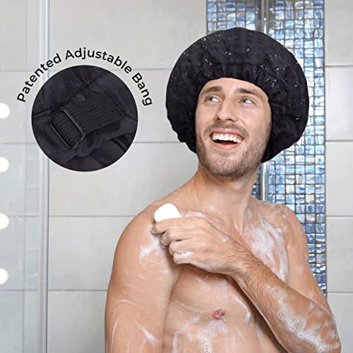 Shower Cap for Men Black Bath Cap, Reversible Large Waterproof Adjustable Shower Caps Terry Lining & Elastic Band Stretch Hem Hair Hat - color: BLACK PLAID