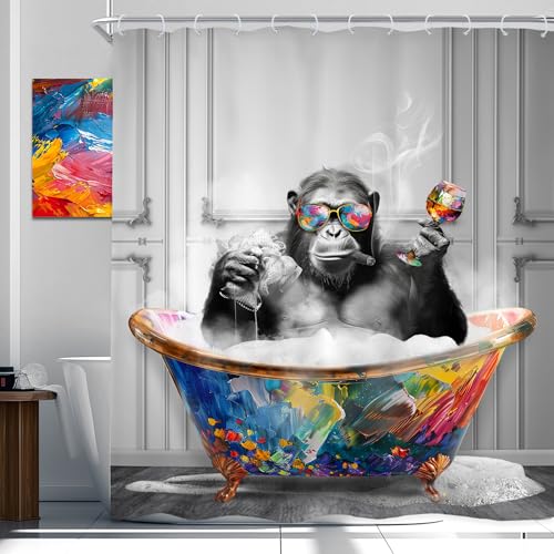 Newsely Funny Monkey Shower Curtain 60Wx72H Inch Black White Animal in Bathtub Chimpanzee Boys Men Shower Curtain Bathroom Set Modern Graffiti Cool Waterproof Bath Decoration Accessories Home Decor - color: B-monkey, size: 60"W x 72"L (Pack of 1)