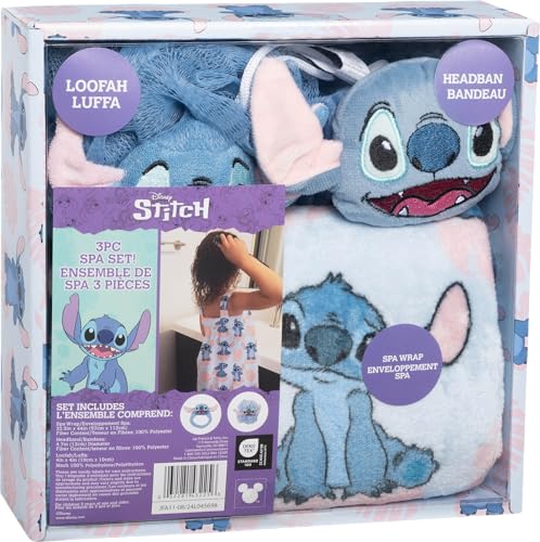 Jay Franco Disney Lilo and Stitch 3 Piece Spa & Bath Set - Includes Towel Wrap, Loofah & Spa Headband - Kids Bath & Shower Accessories - color: Blue - Stitch