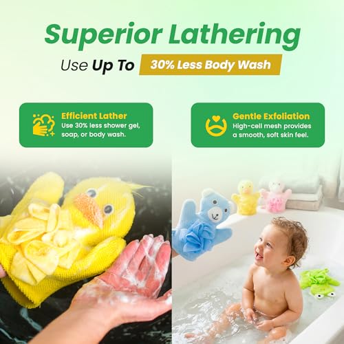 Made Easy Kit Hand Puppet Bath Wash Mitt Towel with Animal Designs with Loofahs for Fun Interactive Bathing Time (Green Yellow Pink Blue) - color: Green Yellow Pink Blue