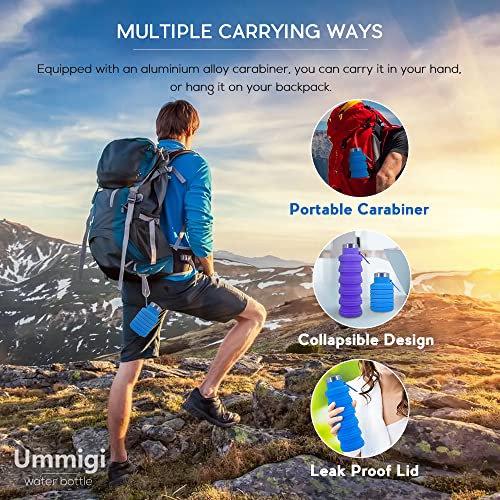 Collapsible Water Bottles，2 pack BPA Free Travel Silicone Water Bottle with Carabiner，17oz Reusable Foldable Lightweight Portable Sports Water Bottle for Travel Gym Camping Hiking - color: Black + Blue