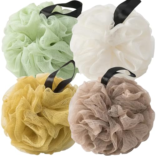 Loofah Sponges for Shower,Exfoliating Cleaning Bath Loofa Body Scrubber Balls for Women Men Washing,Earthy 4 Pack - Yellow, Khaki, Light Green & Beig - color: Earthy, size: 1 Count (Pack of 4)