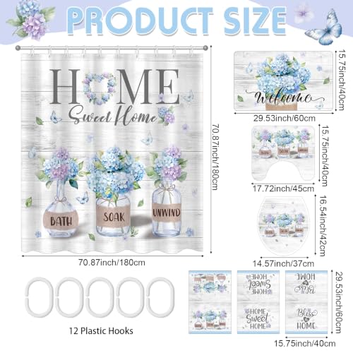 Haull 7 Pcs Blue Hydrangea Shower Curtain Sets Home Sweet Home Bathroom Set with Shower Curtain and Non Slip Rugs Toilet Lid Cover Bath Mat Floral Towels for Farmhouse Country Summer Bathroom Decor - style: Blue Hydrangea