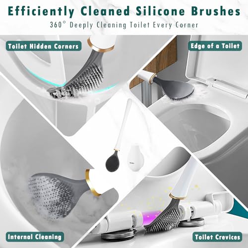 Modern Flexible Silicone Toilet Caspa, Silicone Toilet Bowl Brush and Holder Set, Flat Flexible Brush Holder Set, Water Drop Toilet Brush, Toilet Wand Cleaning Kit Wall Mounted, White