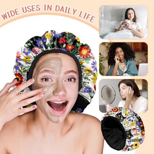 Luxury Shower Cap Terry Lined Reusable Triple Layer Waterproof Hair Elastic Caps Shower Bath Hat for Women Girls Cute Aesthetic-Flower Black Cat - color: AL6-Flower Black Cat