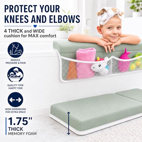 Comfortable Baby Bath Kneeler and Elbow Rest Pad Set, Non-Slip Bathtub Kneeling Pad for Bathing Baby, Bath Tub Cushion Mat, Elbow Pads, Toy Organizer Storage Pockets, Strong Suction Cups (Green Gray) - color: Green Gray