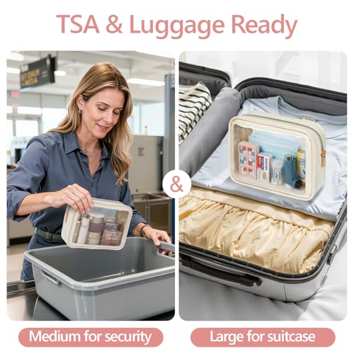 PACKISM Clear Makeup Bag Foldable - TSA Approved Toiletry Bag for Travel | Metal Zipper, Reinforced Seam, Water Resistant, Medium for Carry-on, Large for Checked Luggage, for Car Storage Organizer - color: 2 Pack Beige, size: Hybrid Traveler (1 Large & 1