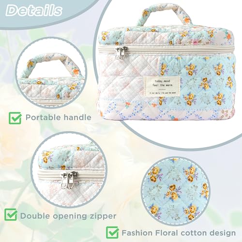 Sminra Makeup Bag Large Travel Quilted Cosmetic Makeup Bag Organizer, Floral Cotton Coquette Aesthetic Toiletry Bag for Women Girls (Blue Floral Collage-L) - color: Blue Floral Collage-L