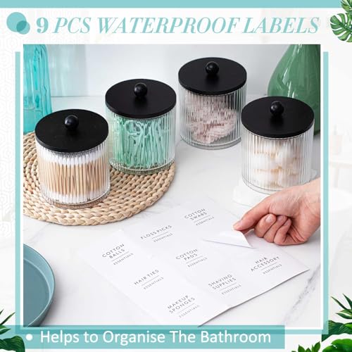 Yaomiao 6 Pcs Ribbed Bathroom Canisters Apothecary Jars with Black Bamboo Lids and Label Stickers, 18 oz Plastic Canister with Fluted Design for Cotton Ball, Swab, Floss Picks House Storage - color: Black