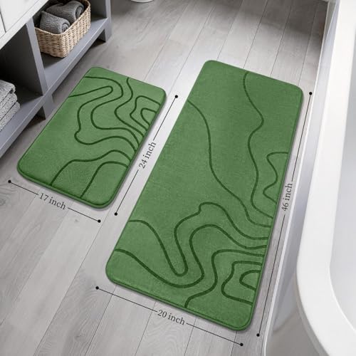 YIHOUSE Memory Foam Bathroom Rugs Sets 2 Piece - Extra Thick Ultra Soft Absorbent Bath Mat Set, Non-Slip Machine Washable Bath Rugs for Bathroom, Tub & Shower, Home Decor (17"x24"+20"x46",Olive Green) - color: Olive Green, size: 1'5" x 3'10" (17"x24"+20"x
