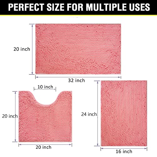 Bathroom Rugs Chenille 3-Piece Extra Soft and Absorbent Shag Bathroom Rugs, Machine Wash Mat, Strong PVC Non-Slip Underside, Plush Carpet Mats (Pink) - color: Pink, size: 2'8" x 1'8" (16x24"+20x32"+20x20"U shape）