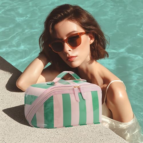 DYSHAYEN Stripe Travel Makeup Bag with Compartments Clear Coated Cosmetic Bag for Women, Waterproof Portable Open Flat Toiletry bag （Pink-Green） - color: Pink-Green