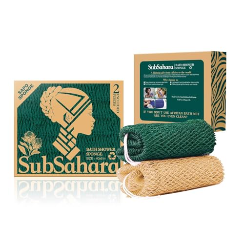 SubSahara Authentic African Net Sponge - 2 Pack Exfoliating Bath & Shower Loofah Sponge for Body & Face, Gentle Scrubber for All Skin Types, Travel, Durable (Golden & Forest Green) - color: Golden & Forest Green