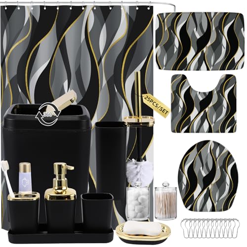 XLHOMO Bathroom Set - Black and Gold Bathroom Accessories, Bathroom Sets with Shower Curtain and Rugs, Black Shower Curtain Set with Bathroom Trash Can, Soap Dispenser, Soap Dish for Home Decor - color: Stripe Black & Gold, size: Complete Set + Bath Rugs