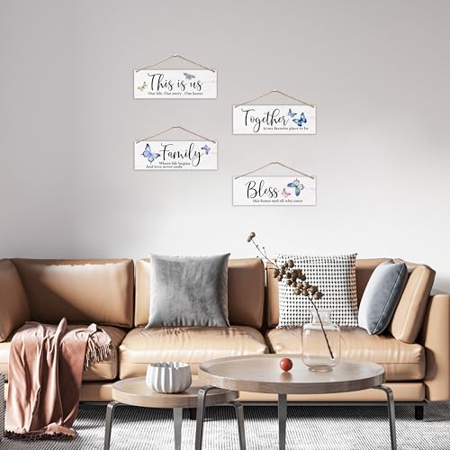 4 Pcs Family Wall Decor Wooden Sign, Blue Butterfly Bedroom Decor, The Is Us Wooden Hanging Sign, Inspirational Wall Art For Home Farmhouse Kitchen Living Room Bathroom Decorations, A33 - color: Butterfly Family