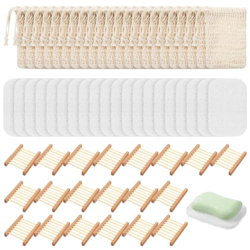 60 Pcs Soap Saver Set with Wooden Soap Dish, Exfoliating Bag, Saver Pads Bulk with Self Drain, Bar Soap Holder Mesh Bag for Shower and Bath Use Home Toilet Kitchen Hotel Restaurant