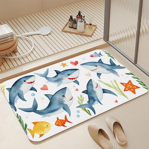 Bathroom Floor Mat,Cute Sharks Bathroom Rugs,Quick Dry Watercolor Fish Diatomaceous Bath Mat,Non Slip Super Absorbent Soft Floor Mat for Home Kitchen Dorm Patio 17 X 29.5 Inch - color: Cute Sharks