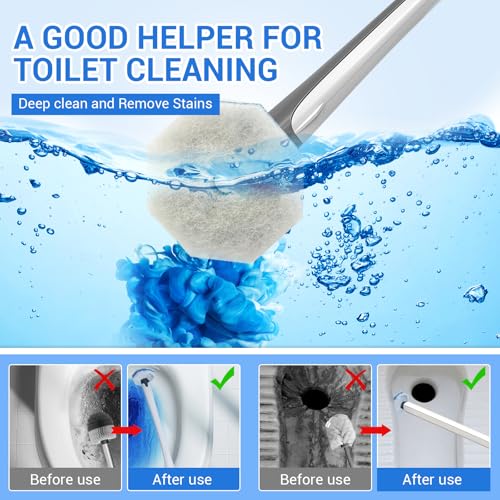 50 Pack Disposable Toilet Brush Refills, Universal Compatible Replacement Heads, 3-Layer Deep Cleaning Sponges for Bathroom Wand, Blue & White Striped Scrubbers - color: 50
